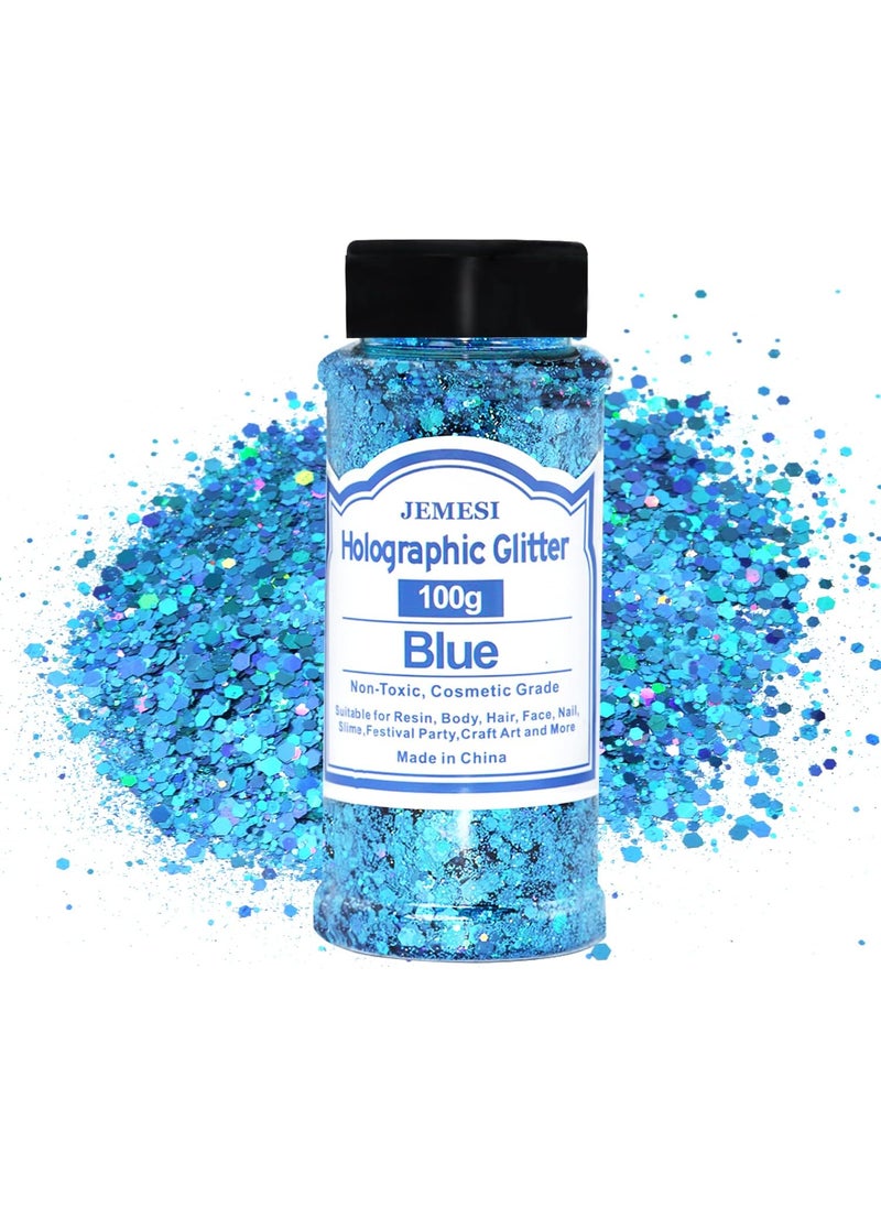 Holographic Chunky Glitter, 100g Bule Cosmetic Craft Glitter for Epoxy Resin, Nail Sequins Iridescent Flakes, Body, Face, Hair, Nail, Glitter Slime Making