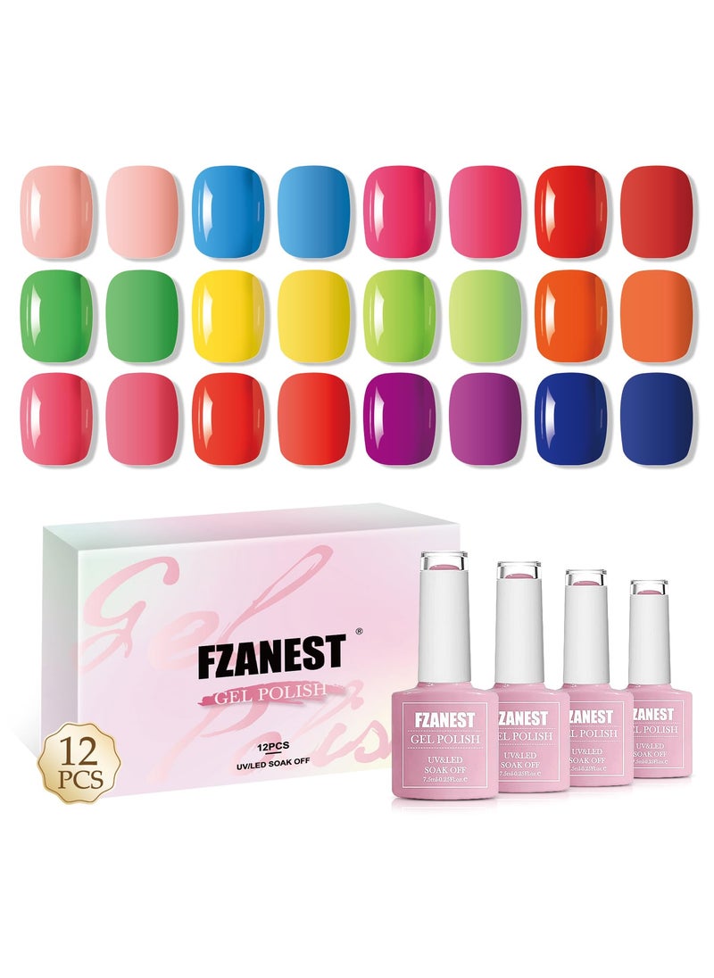 FZANEST Hema Free Gel Nail Polish 12 Colors Set,Spring Summer Rainbow Neon Nude Pink Yellow Blue Red Green Purple Colors Gel Polish Kit