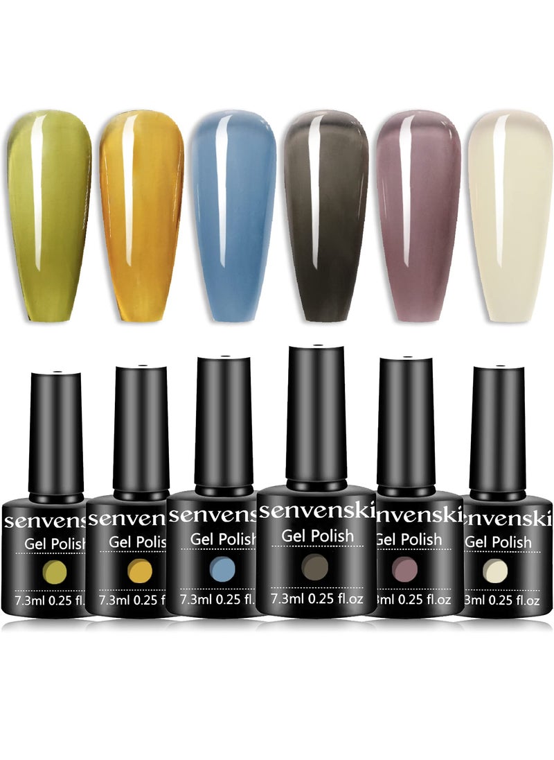 senvenski Jelly Crystal Gel Nail Polish Translucent Sheer Clear Milky White Green Orange Blue Purple Black Colors Gift Soak Off UV LED Manicure Art Varnish Kit Set (BT6-001)