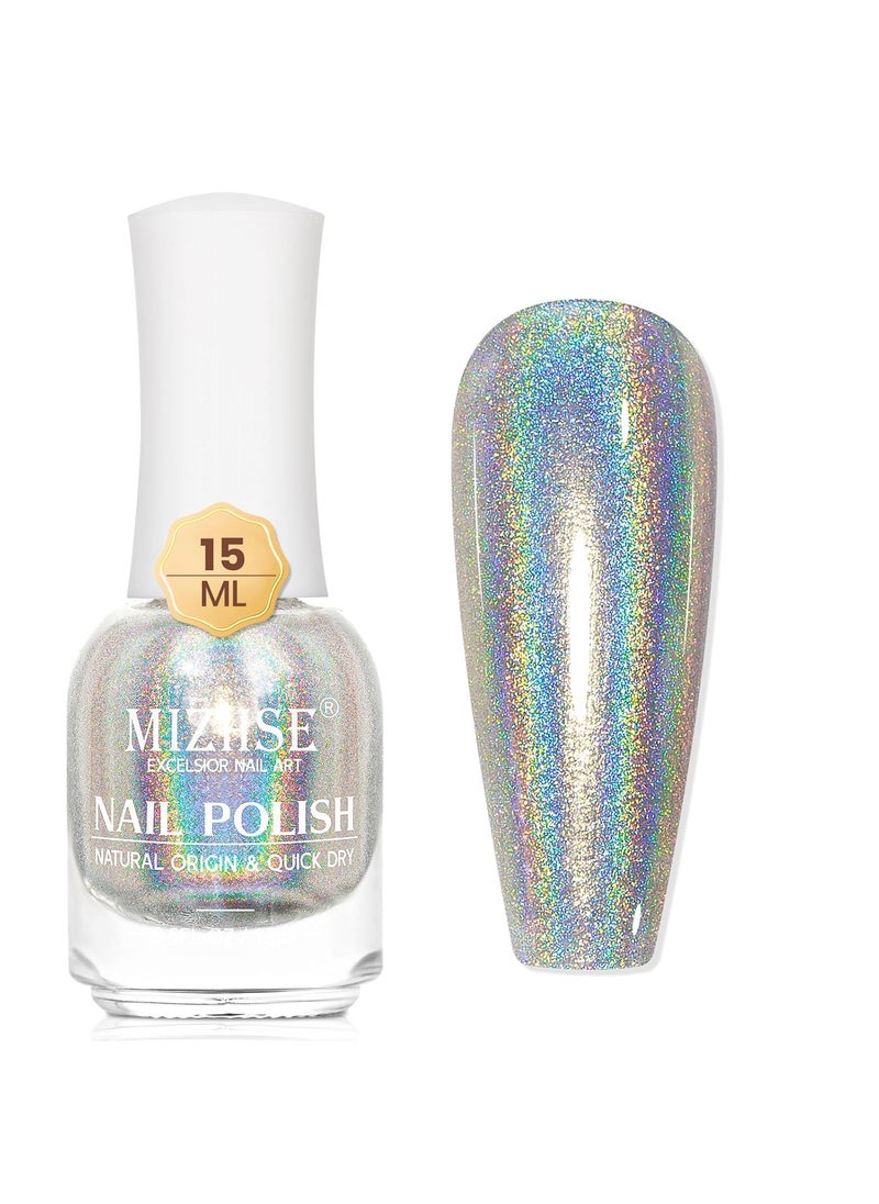 MIZHSE Holographic Nail Polish, Silver Glitter Nail Polish Air Dry Fast, 15 ml 0.5 fl oz High Glossy Shiny Nail Pigment Oil-based Laser Iridescent Nail Lacquer Chrome Halo Nail Art Salon Manicure Home