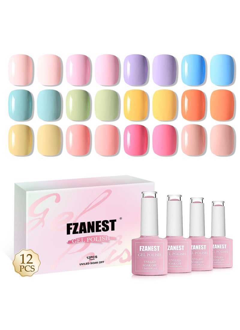 FZANEST Hema Free Gel Nail Polish Set,12 * 7.5ml Spring Summer Macaron Candy Colors UV Gel Polish Kit,Light Soft Nude Pink Green Blue Purple Yellow Gel Nail Art Manicure