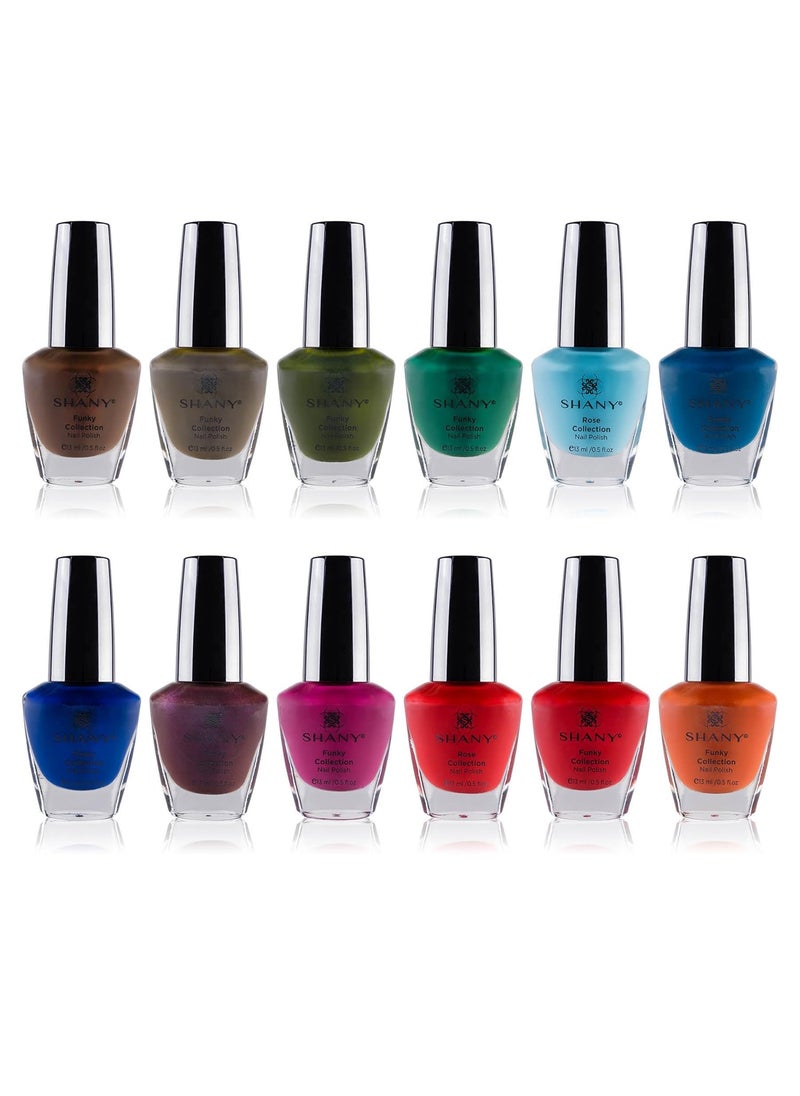 SHANY Nail Polish Set - Nail Lacquer Quick Dry, Full Size, Vibrant, Colorful, Trendy, Semi Glossy, Shimmery, Matte Nail Polish Set - 12 Colors - Funky Collection