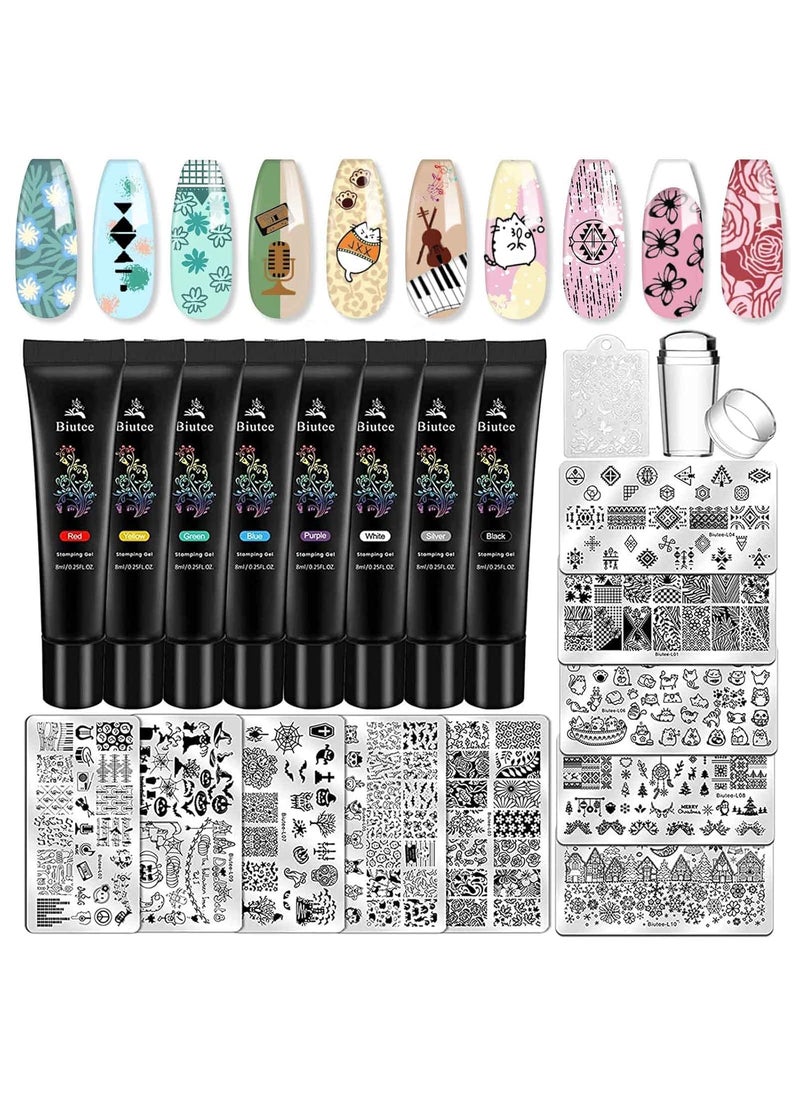 Biutee Nail Stamping Plates set 8 pcs Nail stamping polish gel 10pcs Templates with stamper Nail Art Plates set Valentine Nail Plates animal flower Rose design