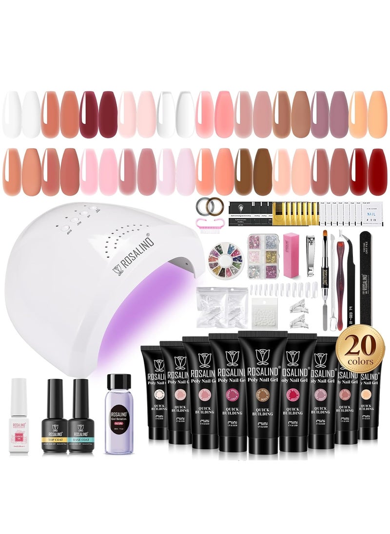 ROSALIND Poly Nail Gel Kit -20 Colors + 72Nail Art Accessories Kit, Nude Clear Poly Nail Gel Nail Kit Starter Kit with Big U V Lamp Slip Solution for Pink Nail Extensions Gel Dual Forms Nail Brush
