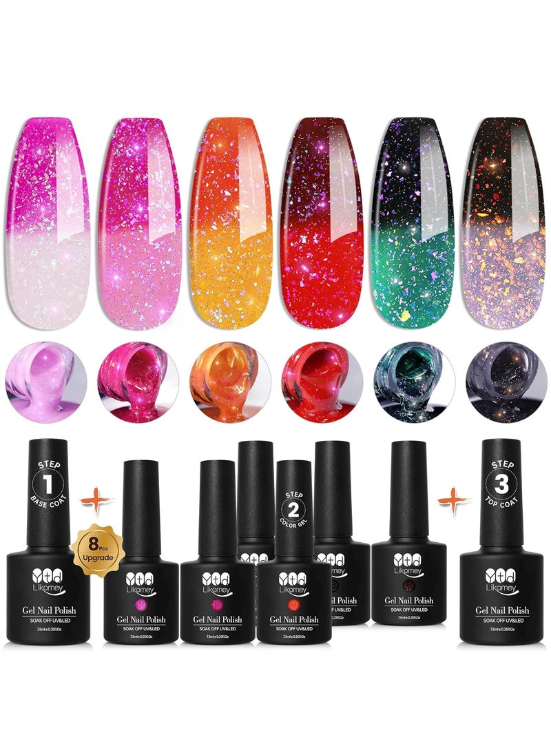 YTD Likomey Color Changing Gel Nail Polish with Base Coat and Top Coat Set,Shine Brocade Glitter Mood Temperature Change Red Green Pink Black Thermal Ombre UV Gel,8 Pcs 7.5 ml