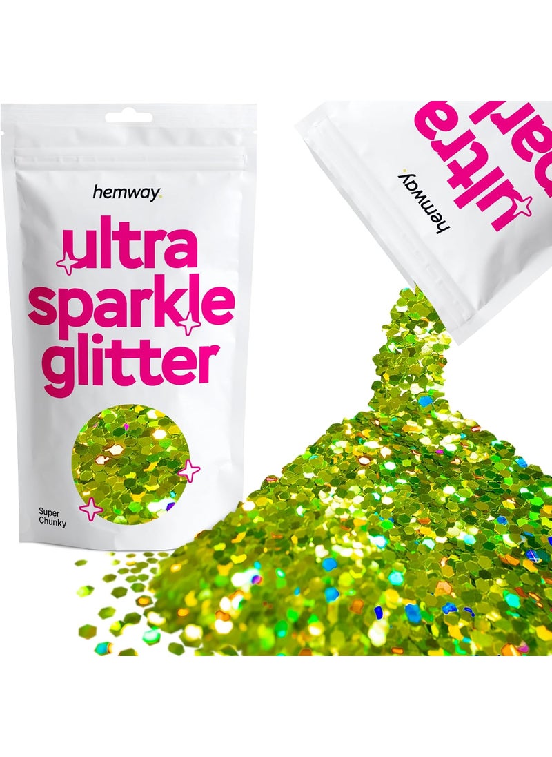 Hemway Premium Ultra Sparkle Glitter Multi Purpose Metallic Flake for Arts Crafts Nails Cosmetics Resin Festival Face Hair - Lime Green Holographic - Super Chunky (1/8