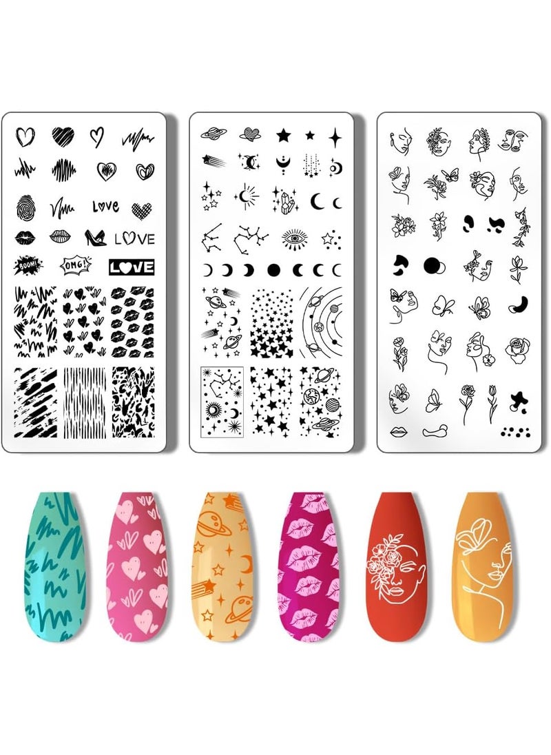 PH PandaHall 3pcs Nail Art Template Nail Stamping Plate DIY Stamping Nail Template Star Love Nail Stamping Plate Stainless Steel Nail Image Plates for Women DIY Manicure Design, 12x6cm