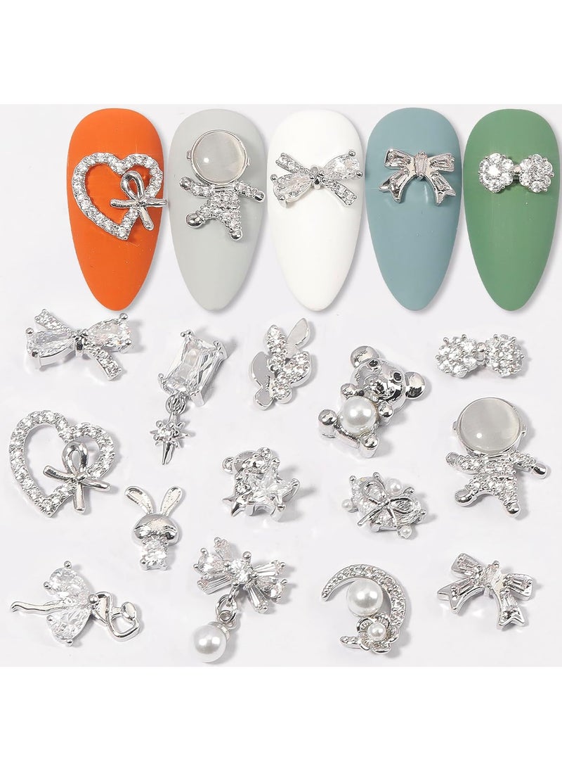 HNUIX Nail Charms and Gems - Silver Copper Zircon, Multiple Shapes 3D Dangle, Metal Luxury Jewelry Rhinestones for Nails 14 Pieces