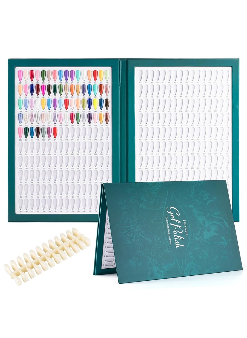 NMKL38 320 Nail Colors Chart Nail Gel Polish Display Book with 480 False Nail Tips Professional Salon Nail Color Swatches Nail Practice Card Board (Green)