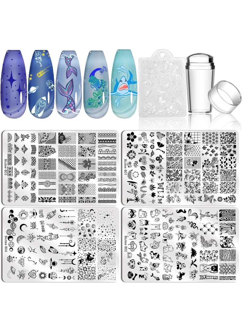 Biutee Nail Stamping Plate Set 4PCS Large Nail Art Stamp Plate with Nail Stamper and Scraper Starry Sky Star Moon Space Planet Animal Flower Leaf Plant Pattern Nail Stamp Stencils Template Kit