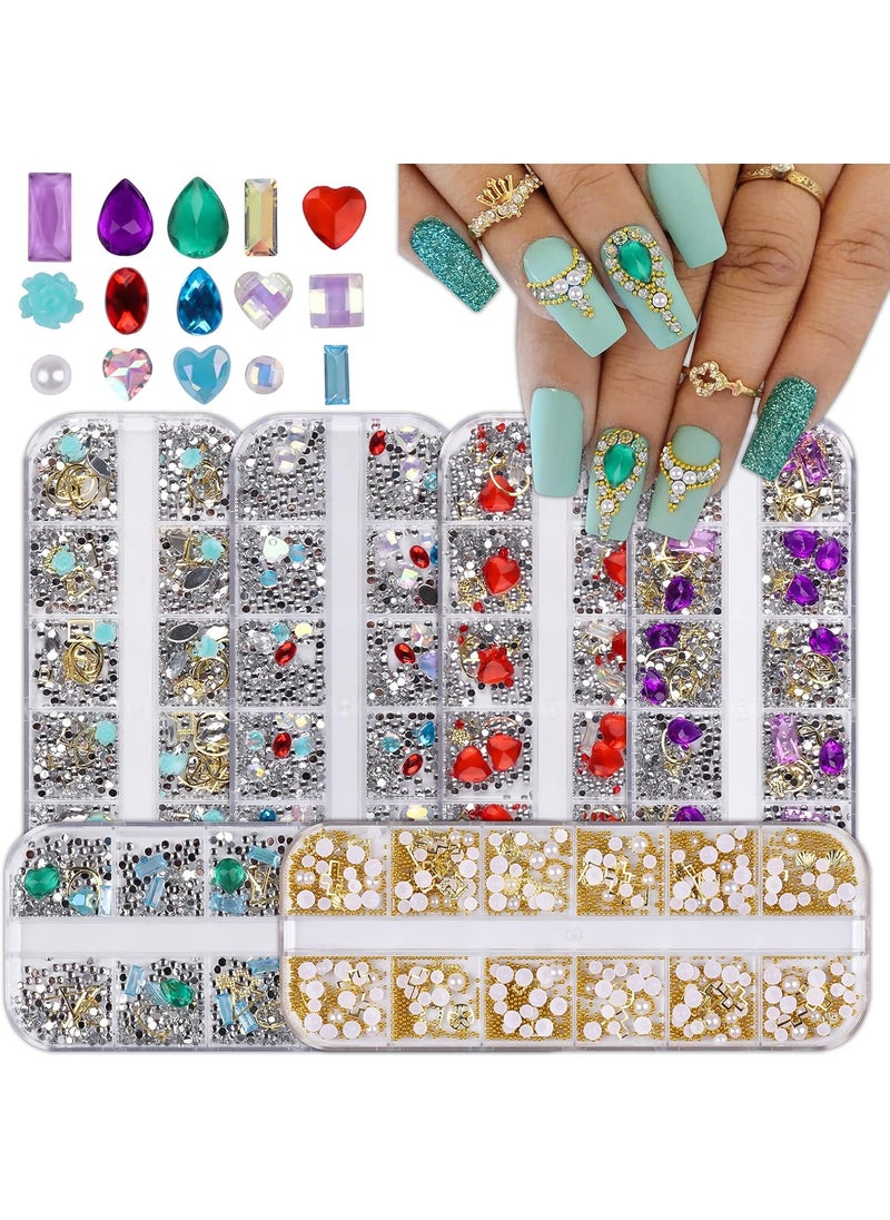 EBANKU 6 Boxes 3D Nail Rhinestones Crystals Gems Diamonds Pearl, Gold Metal Nail Charms Nail Studs Nail Jewels for Nail Art Decoration DIY Crafts
