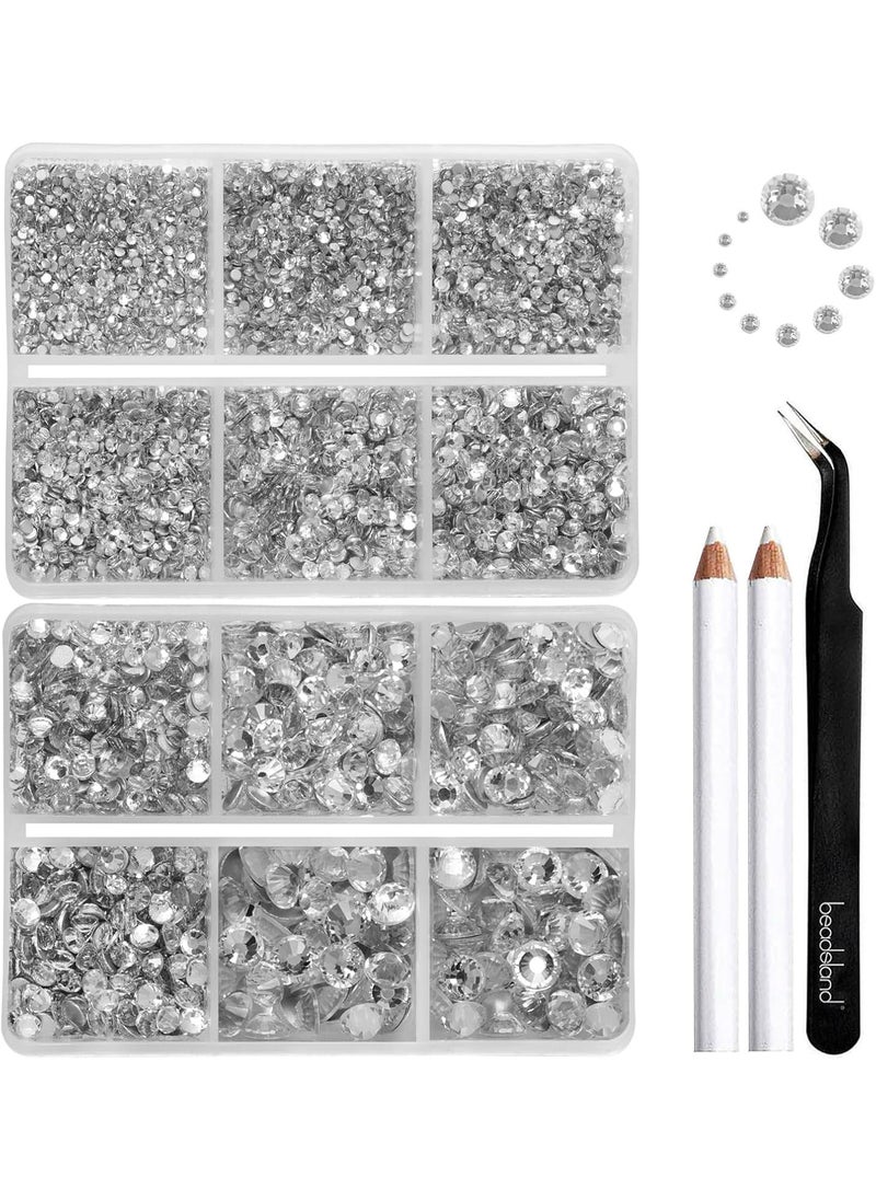 Beadsland 8300PCS Flatback Rhinestones, Clear Rhinestone Nail Gems Round Crystal Rhinestones for Crafts, Mixed 10 Sizes with Wax Pencil and Tweezer Kit, SS3-SS30, Crystal