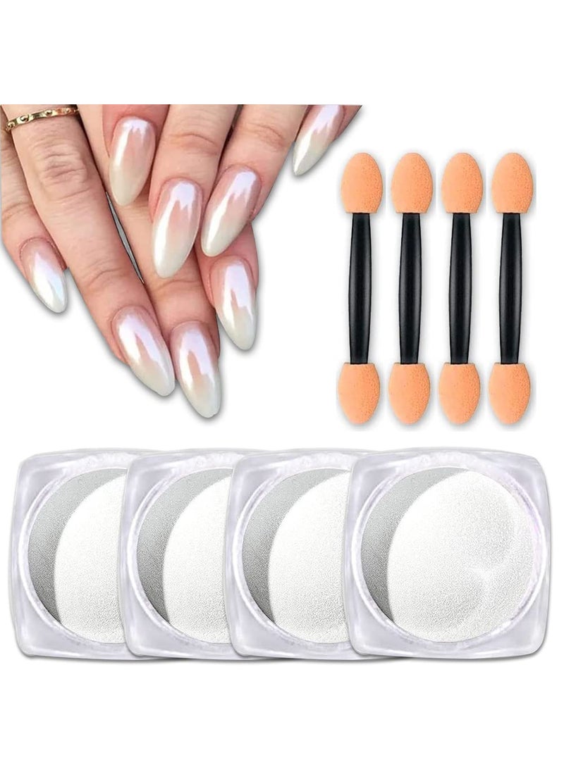 4 Boxes White Pearl Mermaid Rainbow Holographic Nail Powder Magic White Chrome Powder Symphony Shell Nail Powder Aurora Chrome Nail Powder Metallic Mirror Chameleon Nail Powder Gradient