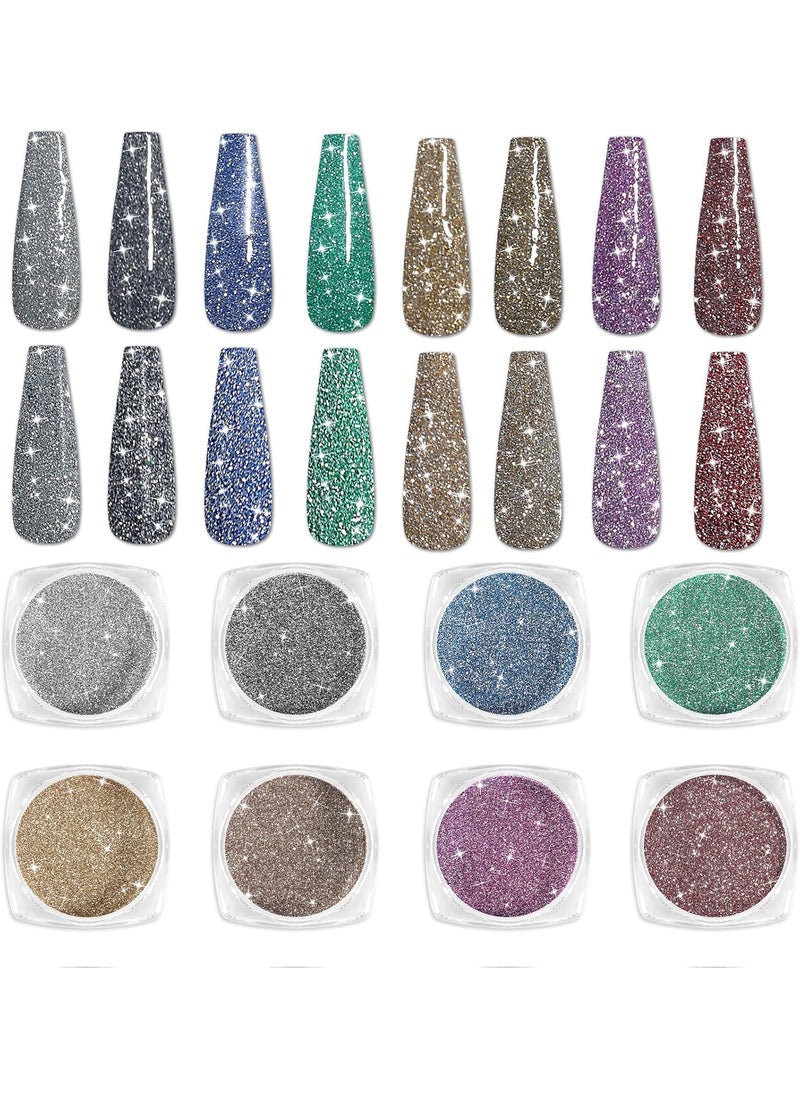 Laza 8 Colors Korea Diamond Nail Powder Sparkling Crystal Glitter Holographic Nail Glitter Dust Laser Silver Mirror Effect Bright Shining Flakes for Acrylic Nails Polish Nail Art DIY Decoration