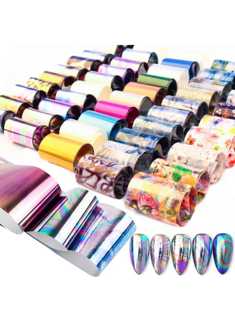 SILPECWEE 50 Sheets Laser Nail Foil Transfer Set Marble Flower Aurora Design Nail Art Stickers Decals Tips Starry Sky Star Manicure DIY Tools
