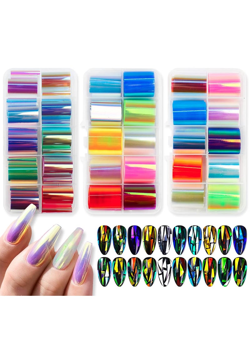 Glass Nail Foil Stickers, 30 Rolls Glass Fragments Nail Art Foils Stickers Paper, Aurora Laser Design Nail Wraps Decals DIY&Salon Manicure Accessories