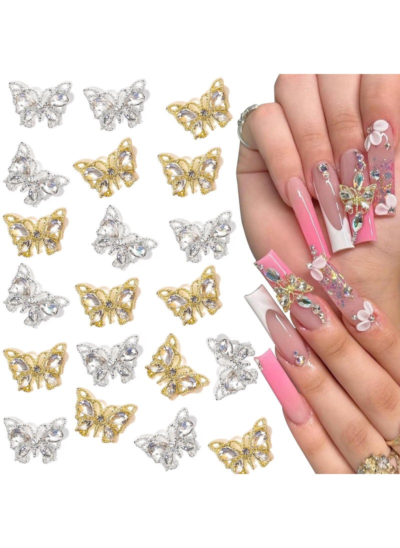 20Pcs Butterfly Nail Charms 3D Luxury Butterfly Nail Gems Gold Silver Butterfly Nail Diamond Shiny Nail Rhinestones for Acrylic Nails Nail Art Supplies Nail Gems for Women Girls Manicure