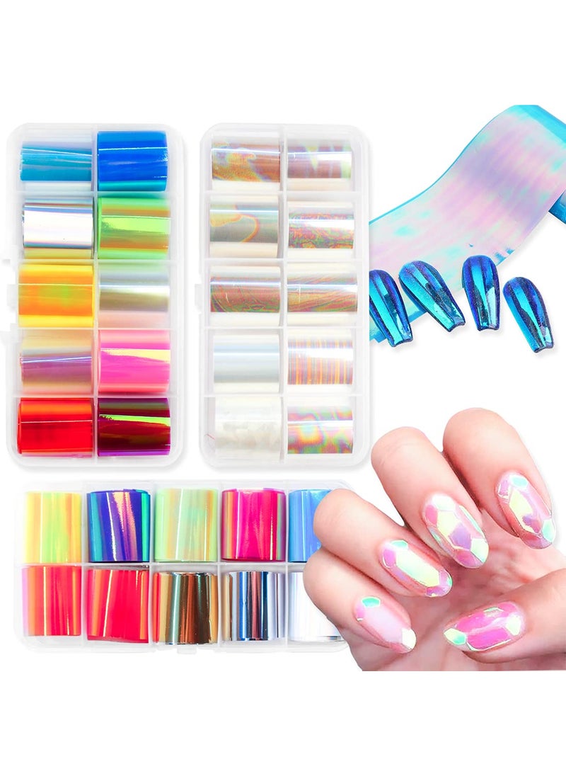 DANNEASY Glass Foil Nail Stickers, 20 Rolls Glass Fragments Paper and 10 Rolls Nail Foils Transfer Aurora Laser Design DIY&Salon Manicure Accessories