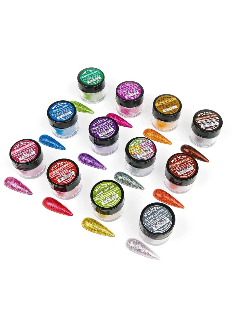 Mia Secret GLITTER Acrylic Powder Collection (12 pc) Nail Art Powder Collection with 12 unique colors MADE IN USA