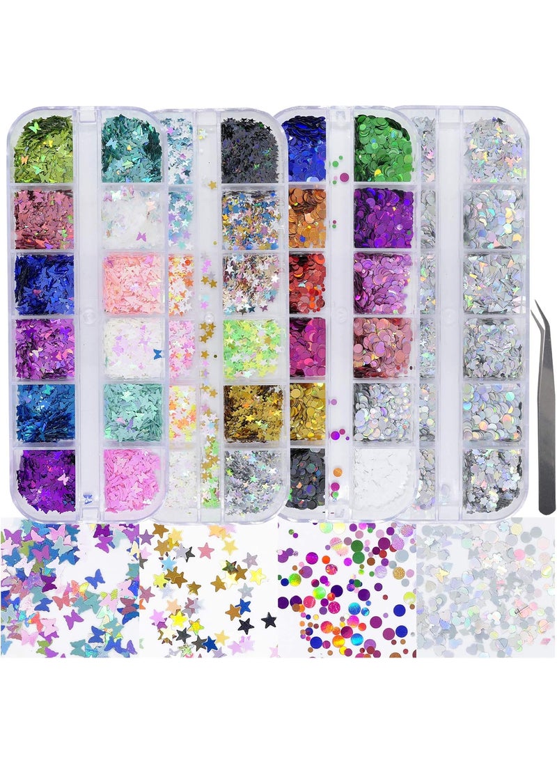 AddFavor 4 Boxes Holographic Nail Sequins Shapes Mixed Iridescent Nail Glitter Flakes Butterfly Hearts Star DIY Design Manicure Decorations Sets for Nail Art/Craft/Makeup