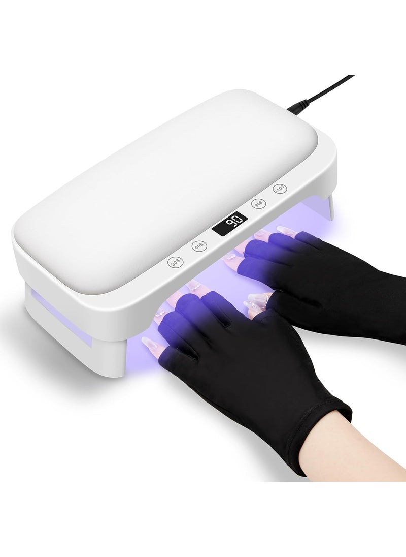 UV Nail Lamp with Gloves & Arm Rest, Professional LED Nail Light for Gel Nails Polish, 4 Timers Foldable Nail Dryer with Hand Rest for Nails Tech Manicure Salon Home Use White