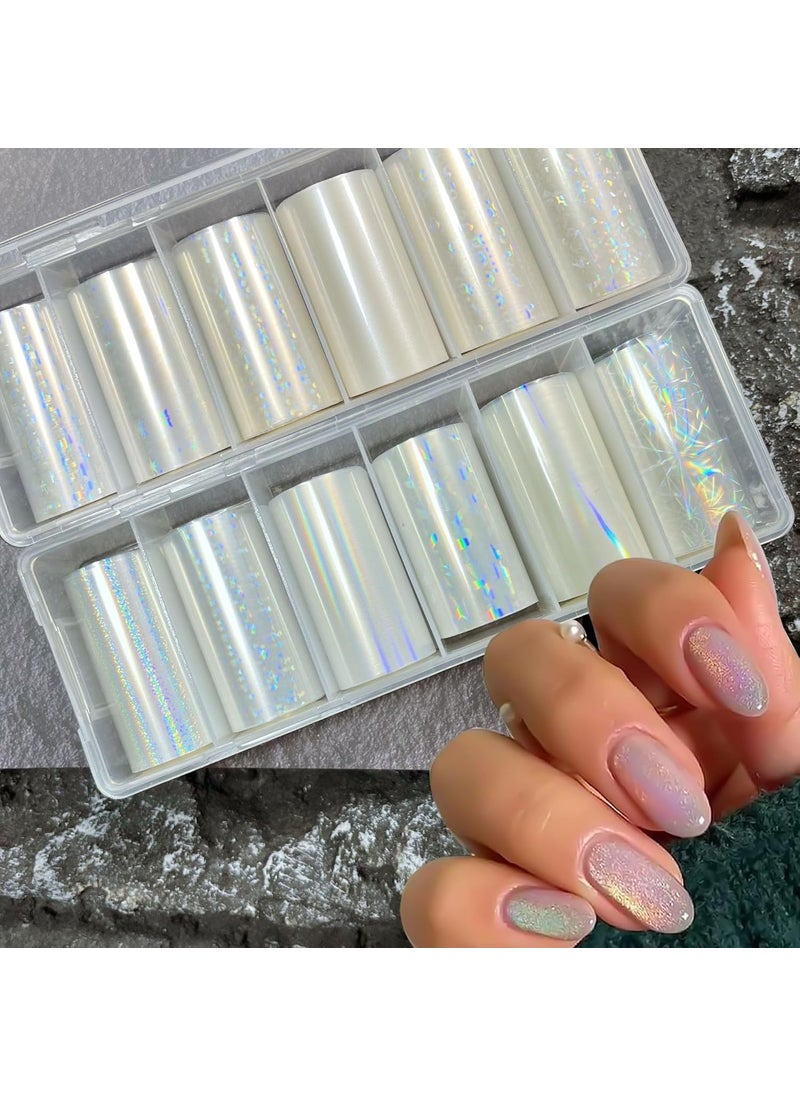 SILPECWEE 2 Boxes Aurora Nail Foil Clear Laser Glass Fragment Nail Transfer Foil for Long Acrylic Nails Starry Sky Holographic Nail Art Foil Stickers Manicure Design for DIY Nails Decoration