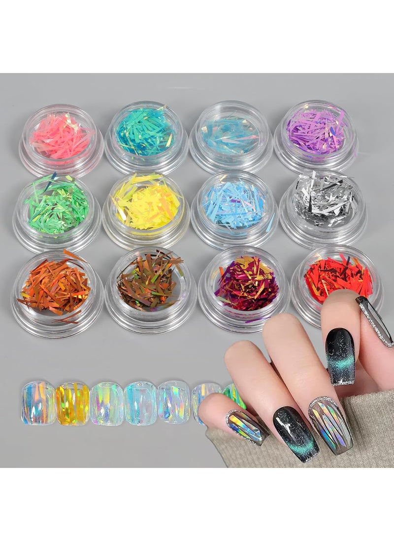12 Boxes Gradient Aurora Glass Paper Nail Sticker Foil Nail Art Holographic Multi-Color Glass Reflective Mirror Design Broken Stripe Line Nail Decals Cellophane Films(Color 21#-32#)