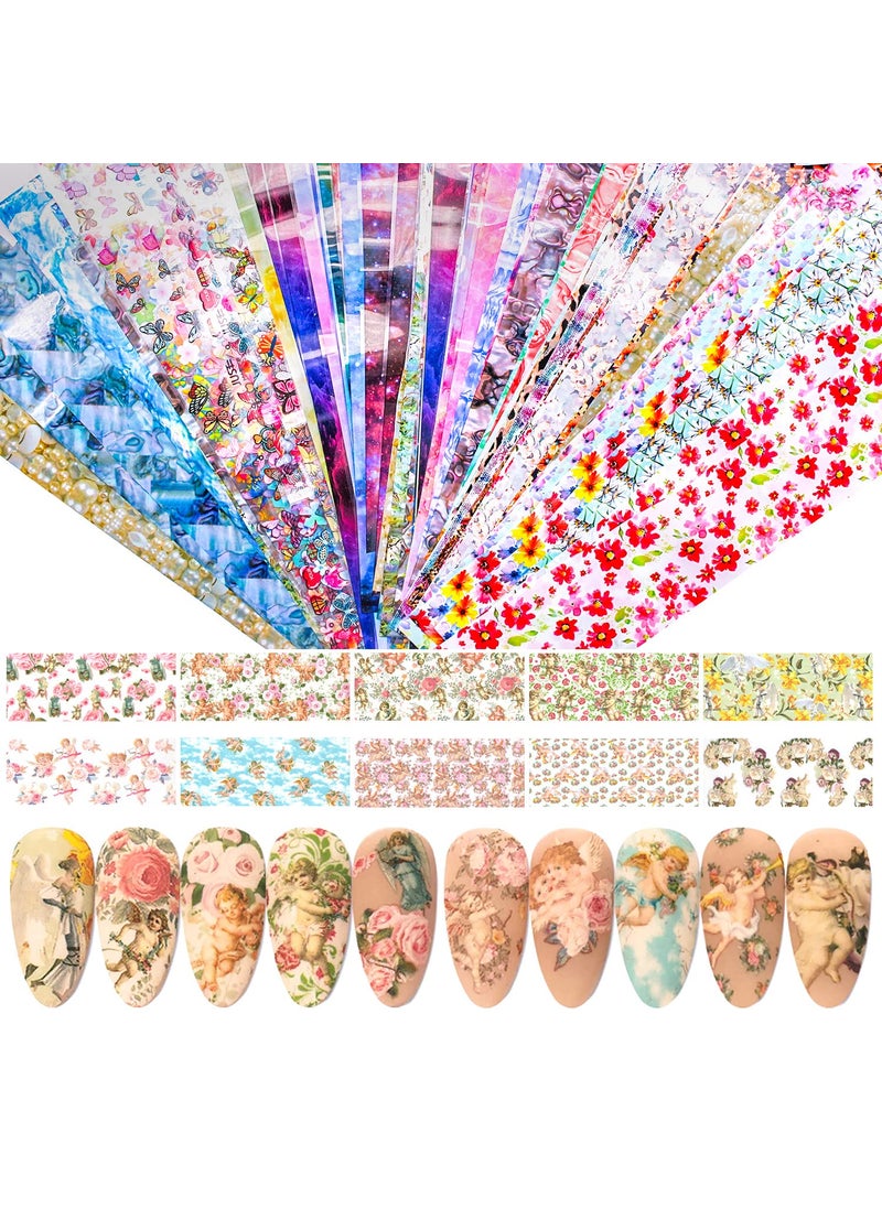 DANNEASY 150 Sheets Nail Foil Nail Transfer Foil Stickers Nail Art Decals Starry Sky Laser Flower Leopard Print Nail Design Nail Art Foil for Larger, Longer Gel Nails