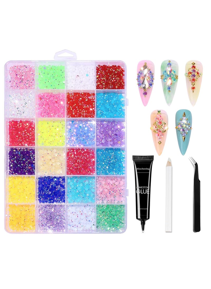 24 Color Flatback Nail Gems Rhinestones for Nail Art and Crafts with Glue Tweezers and Picking Pen for Nail Art Design DIY Crafts Accessories (24 Color Set 02)