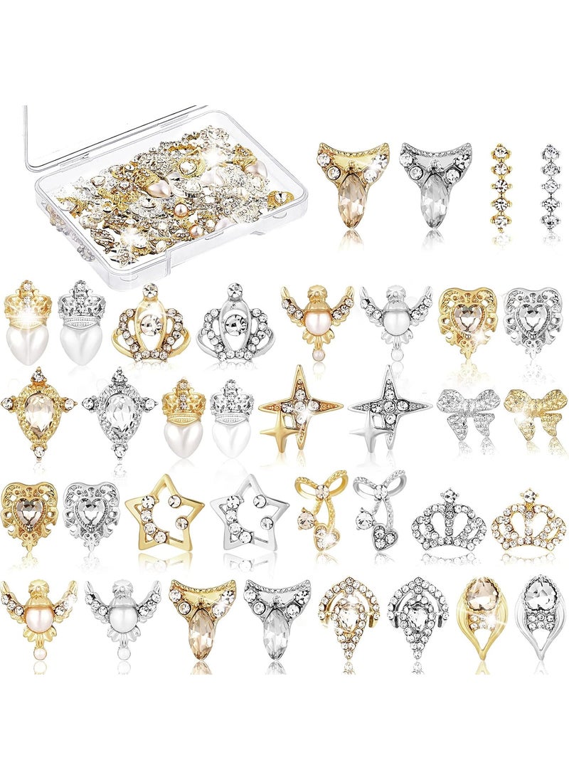 36 Pcs 3D Nail Charms Heart Nail Art Rhinestones Gold Silver Nail Jewelry Pearl Crystal Diamonds Rhinestones Gems for Beauty Manicure Nails Jewelry Making (Crown Style)