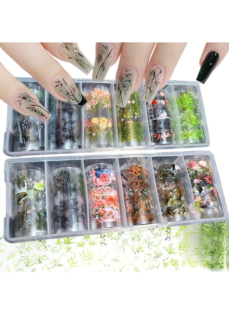 JERCLITY 12 Rolls Chinese Style Nail Foil Transfer Sticker Kit - Flower Bamboo Plum Orchid Ink Painting Pattern Nail Art Decals