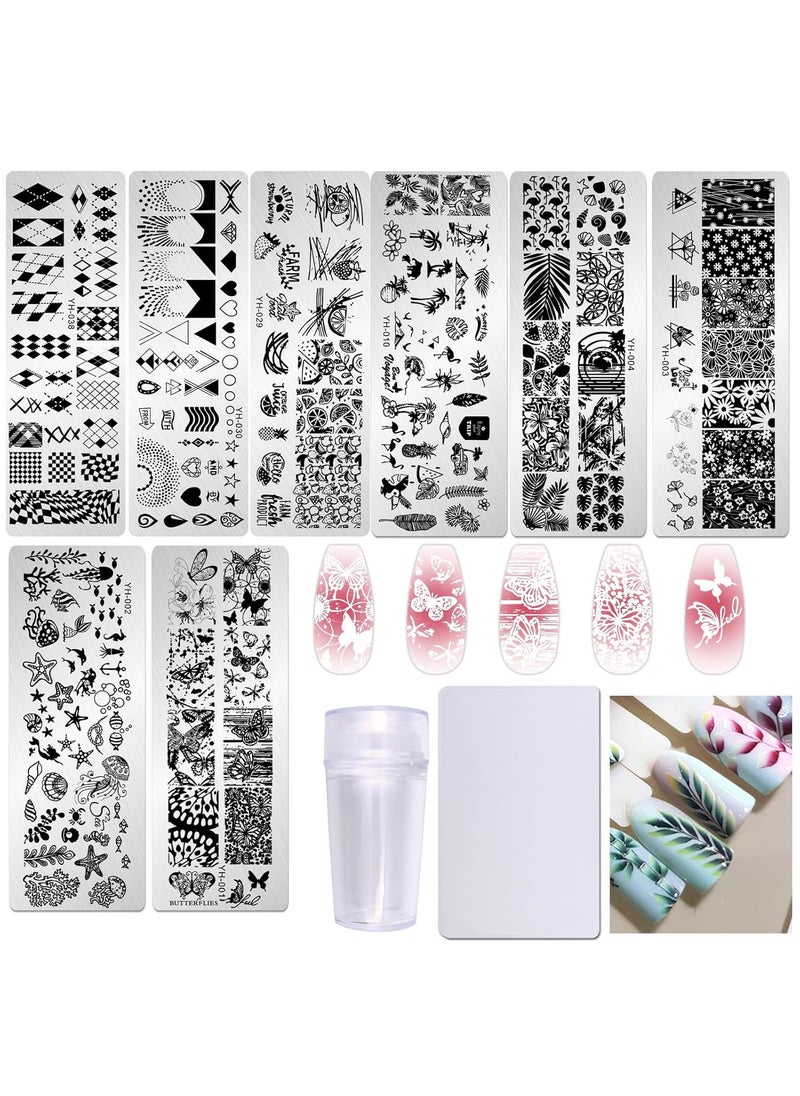 AddFavor Nail Stamper Kit 8pcs Nail Stamping Plates Flower Leaves Geometric Butterfly Image Nail Stencils with Silicone Stamp and Scraper for Women Girls Summer Nail Art Design Supplies Tools
