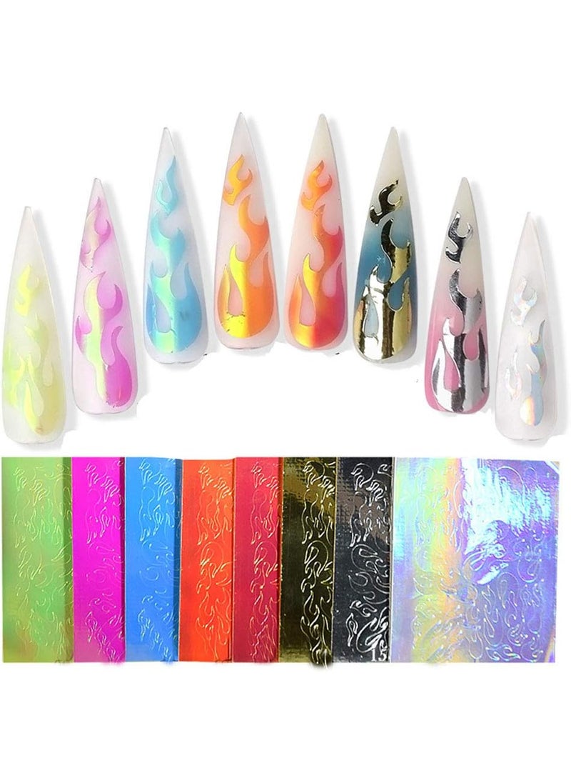 Nail Art 3D Holographic Fire Flame Stickers DIY Adhesive Laser Manicure Decals Stripe Tape 16PCS