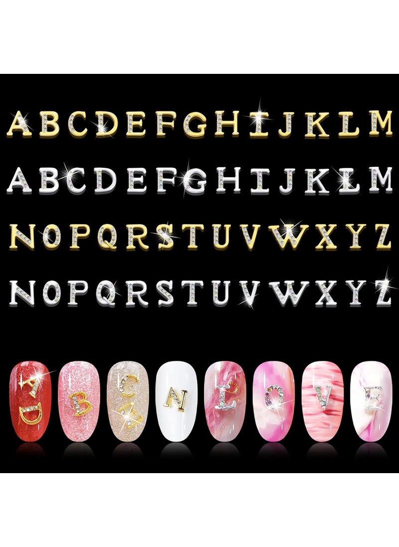Kalolary 52Pcs Gold Silver 3D Capital Rhinetone Nail Letter English Alphabet Stud Charm DIY Manicure Jewelry Making Crafts Decoration for Women Girls