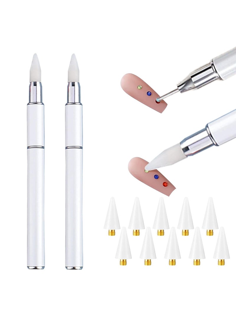 WOKOTO 2 PCS White Nail Art Rhinestone Picker Tools And 10 Pcs Replacement Wax Tips Set, Dual-Ended Wax Pen And Dotting Pen Tools For Rhinestones Gems Crystals Studs Picker Wax Pen Manicure Tool