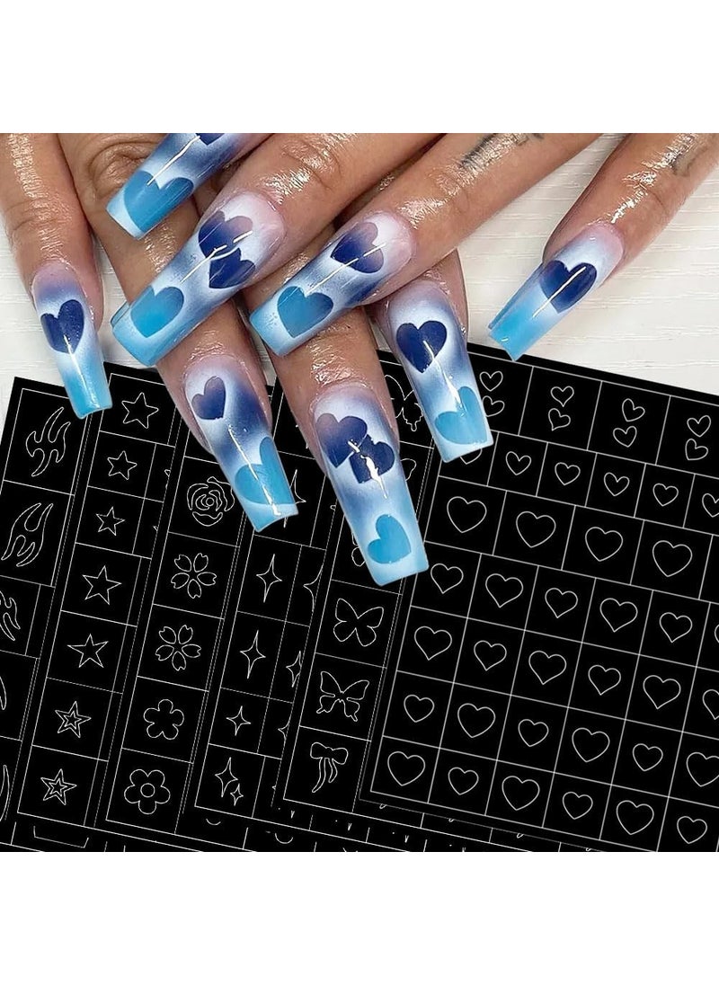 6 Sheets Airbrush Stencils - 3D Hollow Butterfly, Flame, Four Pointed Stars, Heart Star Nail Decals Printing Template Stencil Tool for DIY Nail Art Supplies
