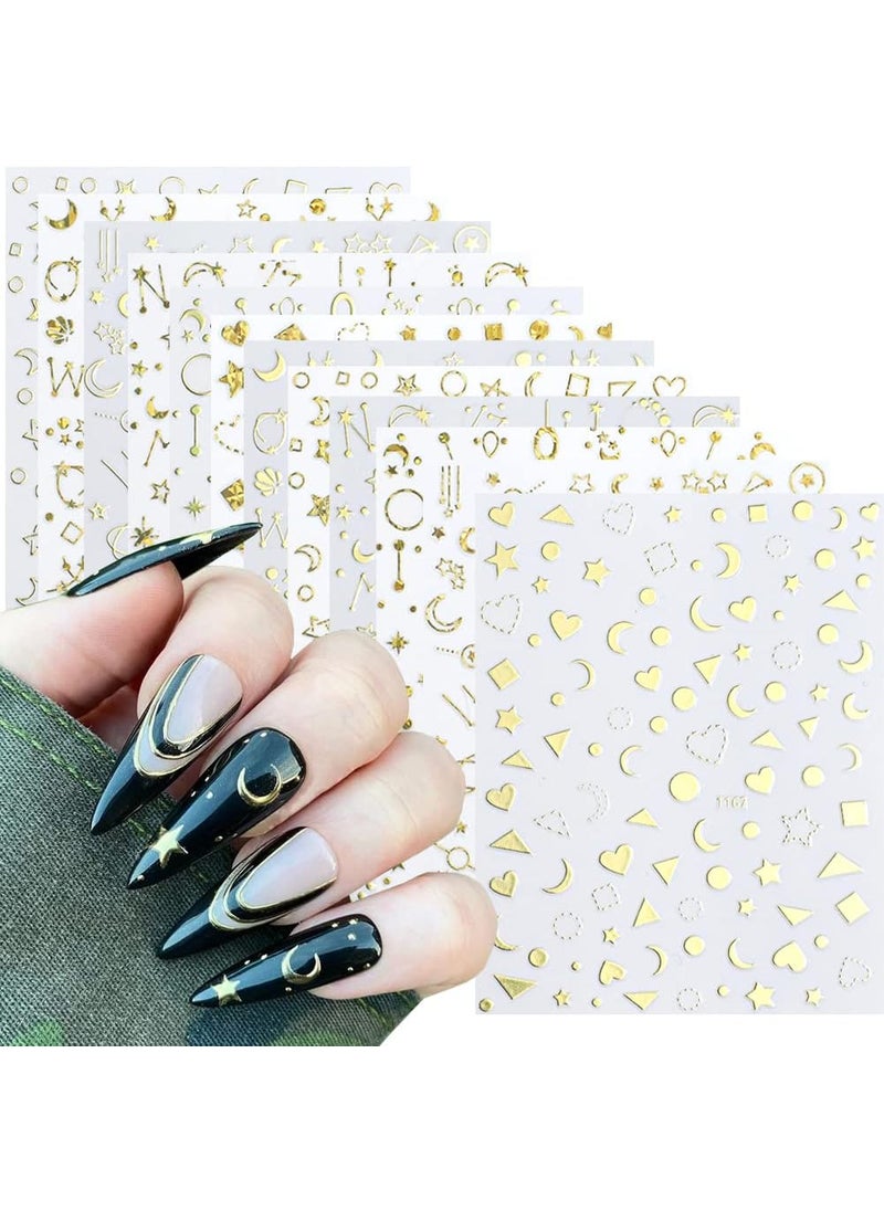 12 Sheets Gold Nail Art Stickers Decal 3D Self-Adhesive Metallic Geometry Star Moon Planet Heart Nail Art Design Stickers for Acrylic Nails Supplies DIY Manicure Decoration Accessories for Women Girls
