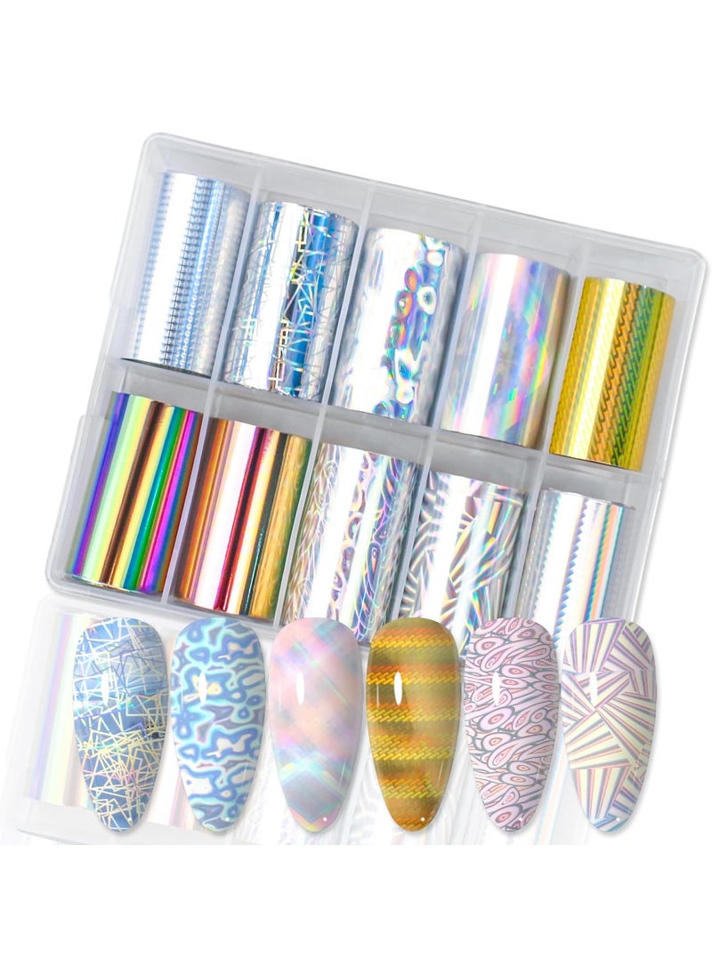 SILPECWEE 10 Rolls Glitter Nail Foil Holographic Nail Art Foil Decals Glass Nail Transfer Foil Shinny Nail Stickers Fingernail Manicure Design Nail Decoration for Acrylic Nails