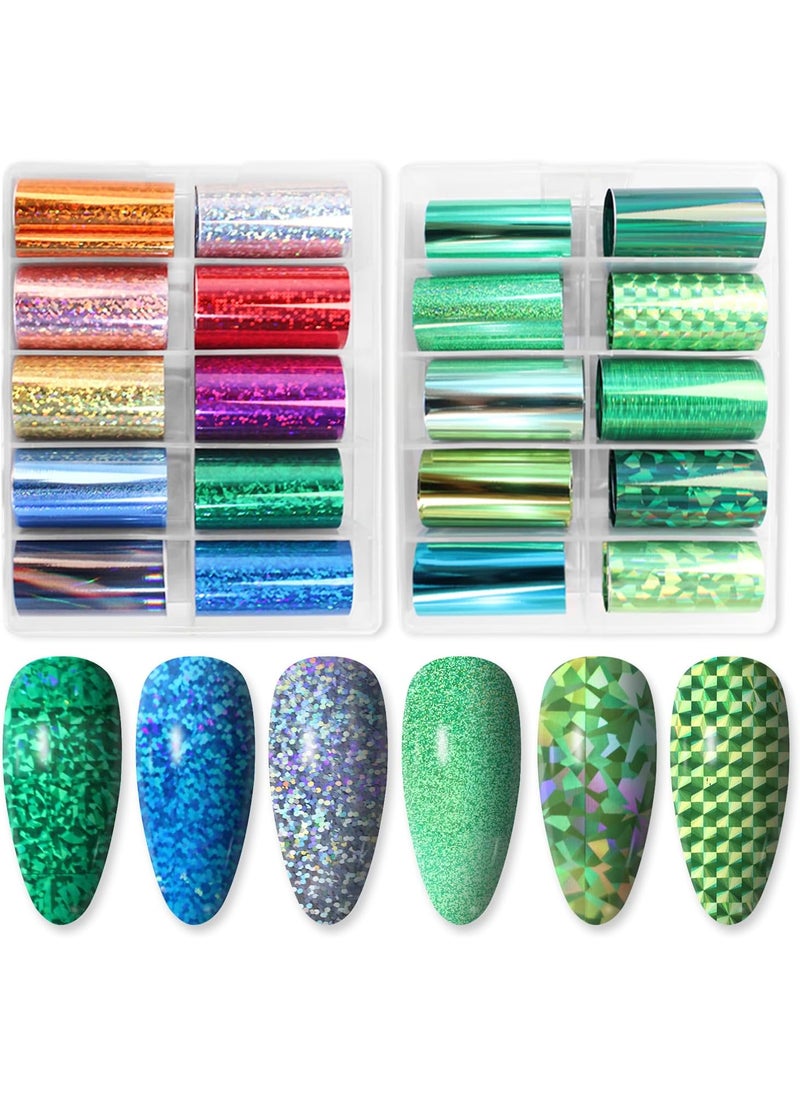 DANNEASY 20 Roll Iridescent Nail Foil Transfer Holographic Nail Foils Sheets Glass Nail Stickers Starry Sky Metallic Nail Art Foil Cellophane Glitter Nails Design 3D Nail Decoration
