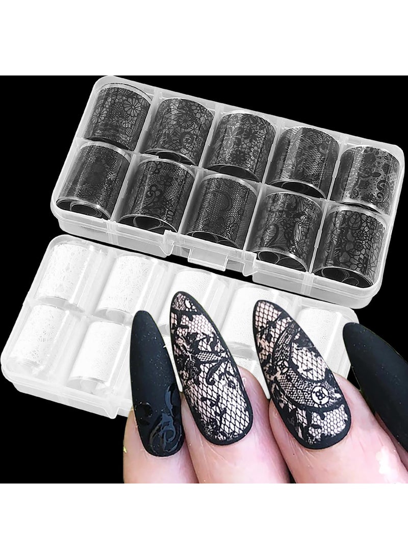 SILPECWEE 20 Rolls Lace Nail Foil White and Black Nail Transfer Foil Flower Nail Art Foil Decals Holographic Foil for Nails Manicure Stickers for DIY Acrylic Nails Decoration