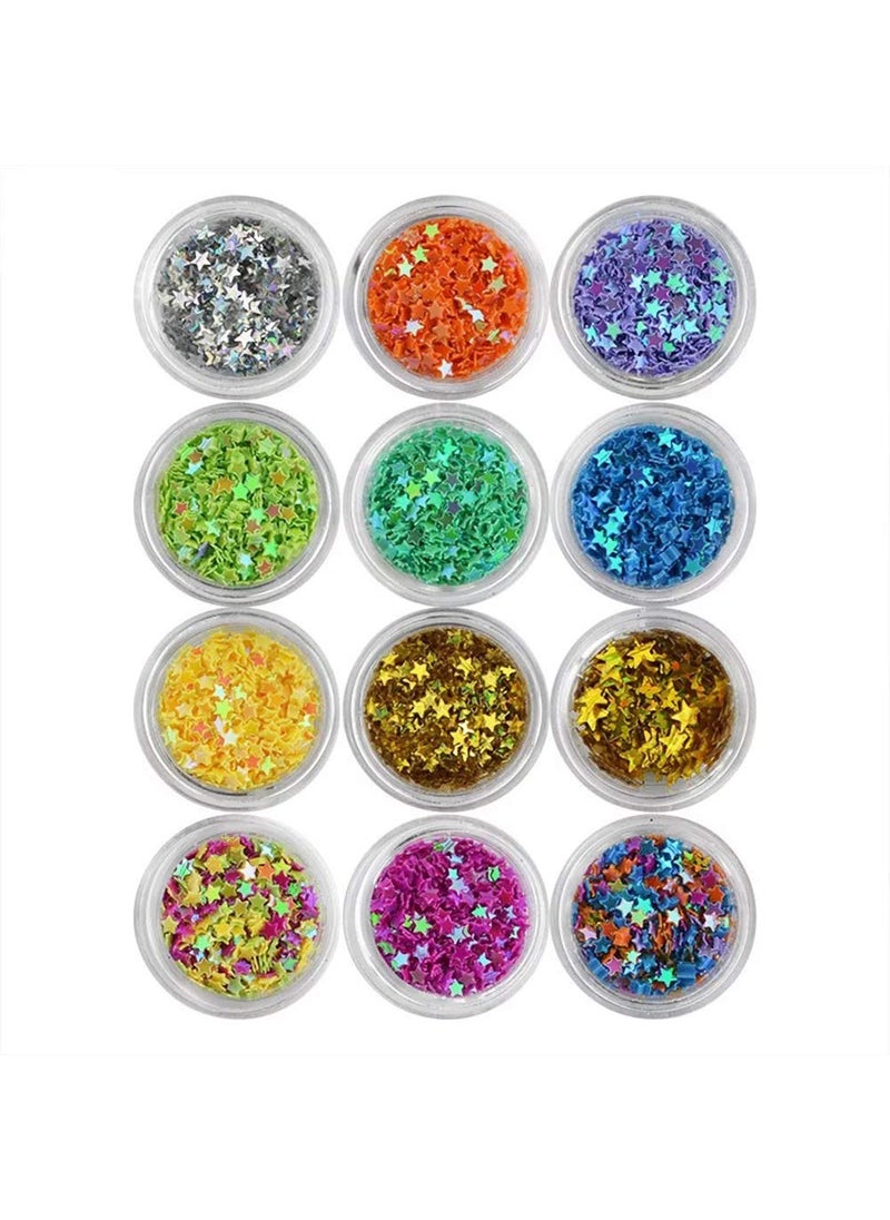Nail Art Glitter Sequins Five Star Acrylic UV Gel False Tips Decoration 12 Pots