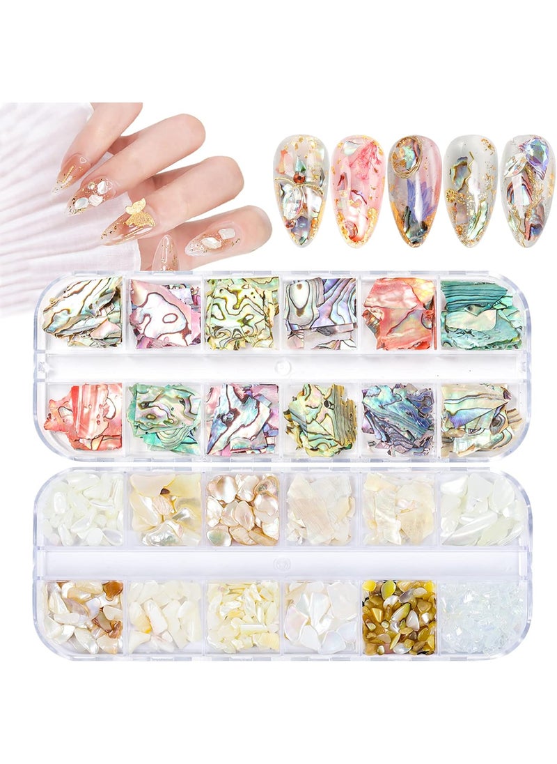 24 Grids Seashell Nail Art Slices Nail Flakes, Wsimily 3D Irregular Abalone Shell Slices Nail Art Slices Sequins Design Colorful Manicure Seashell Slices UV Gel Flake Shell Nail Decorations