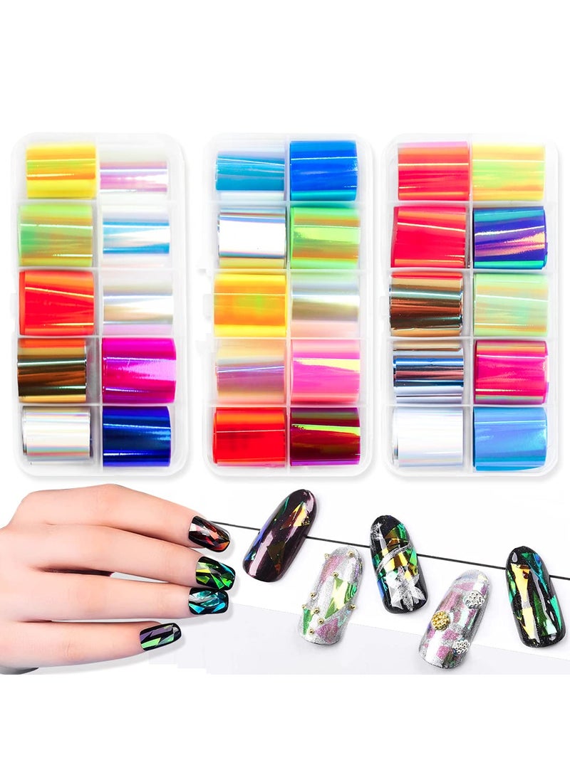 DANNEASY Glass Foil Nail Art, 30 Rolls Aurora Laser Decals Sheets, Glass Fragments Paper Full Wraps Nail Stickers DIY&Salon Manicure Kit