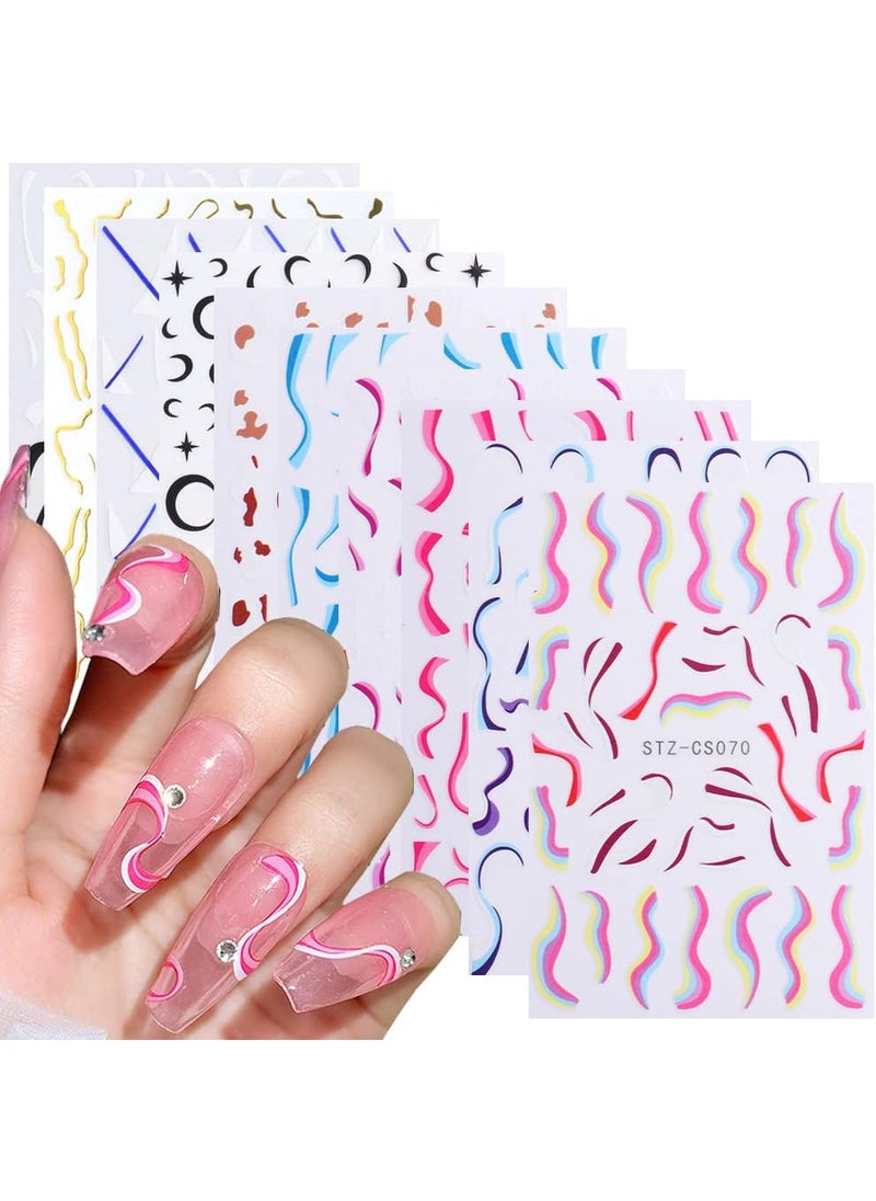 10 Sheets Line Nail Art Stickers,Gold Nail Decals 3D Self-Adhesive Nail Art Supplies Colorful Wavy Stripe Lines Star Moon Heart French Nail Designs for Women Girls Acrylic Nails Decoration Accessories