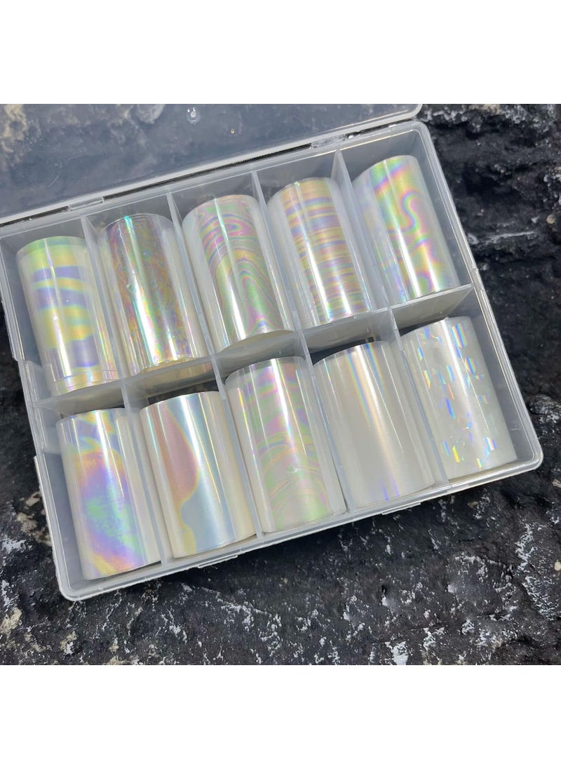 JERCLITY 10 Rolls Aurora Transparent Nail Foil Transfer Sticker Kit Illusory Color Nail Foil Sheets Foil Nail Art Decals Iridescence Nail Foil Transfer Stickers Foil Nail Wraps for Foil Nail Art