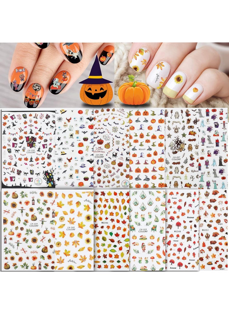Whaline 1000+ Autumn & Halloween Nail Art Stickers 12 Sheet Fall Leaves Pumpkin Bat Ghost Pattern Nail Decals Self-Adhesive Nail Decoration for Autumn Halloween Party Favors Nail DIY Women Girls