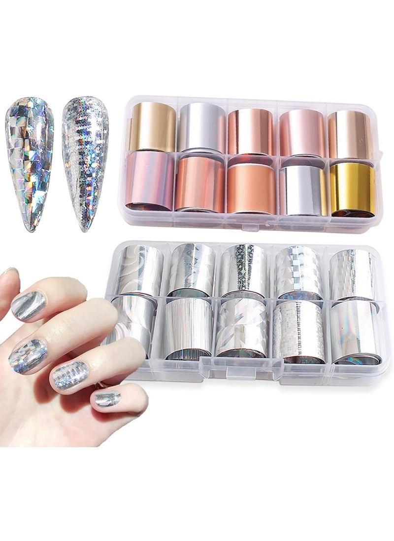 SILPECWEE 20 Rolls Metallic Nail Foil Gold Nail Stickers Laser Silver Nail Decals Nail Transfer Foil Holographic Nail Art Foil Foil for Nails Manicure Design for Acrylic Nails Decoration