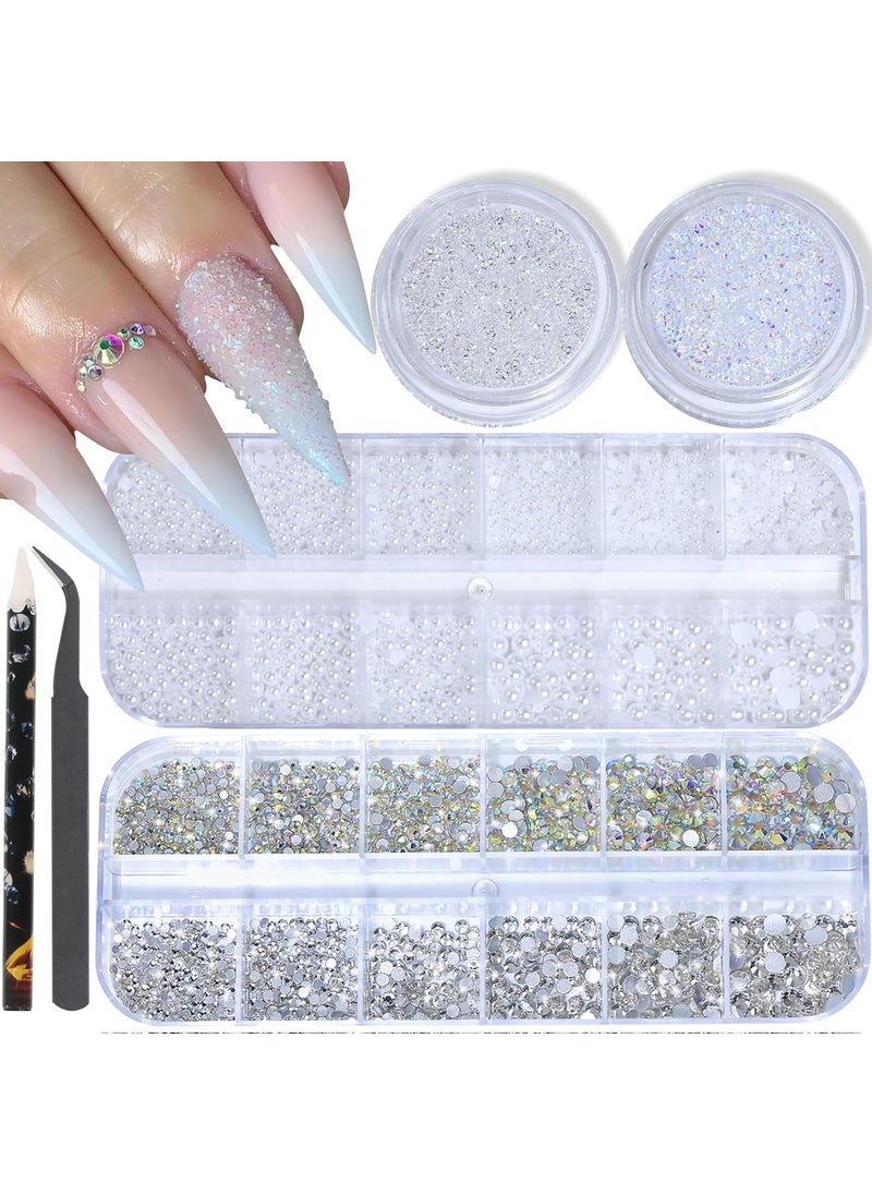 BORN PRETTY 2 Boxed Nail Rhinestones Multi Shapes Flatback Gems Crystal AB White Rhinestones+White Pearl with Pick Up Tweezers and Nail Rhinestone Picker, Nail Art Tools for Nail Art DIY Decoration