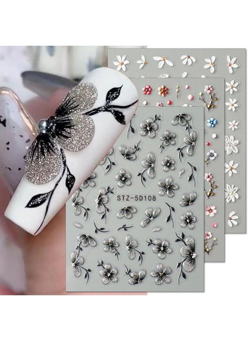 5Sheet 5D Embossed Relief Nail Design Kit - Flower Nail Stickers, White Daisy Nail Art Stickers, Spring/Summer Colorful Floral Nail Decals - Black Jelly Blossom Petals