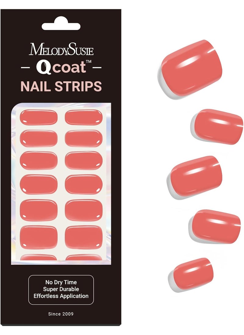 MelodySusie Qcoat Fully Cured Gel Nail Strips, Coral, UV Free Nail Polish Strips, Salon Quality, Long Lasting Gel Nail Stickers, Includes 22 Nail Wraps, 2 Prep Pads, Nail File, Wooden Stick